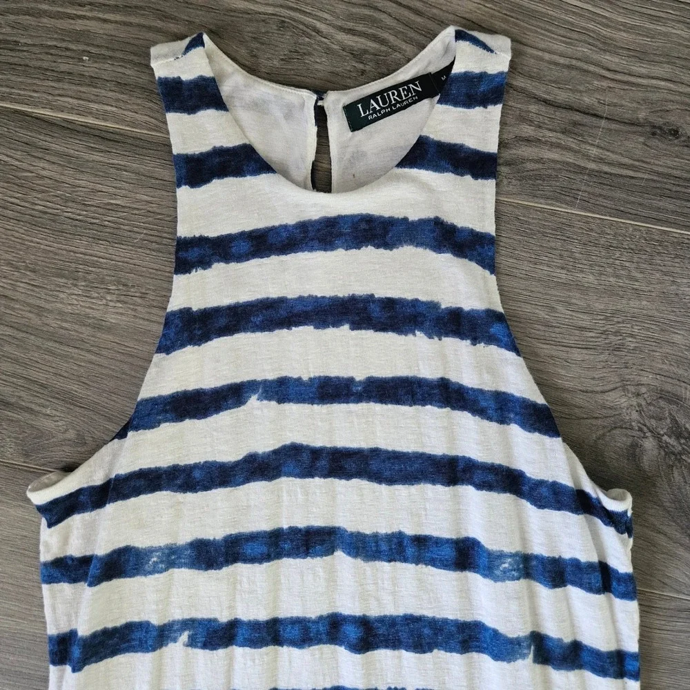 Lauren Ralph Lauren Navy White Striped Linen Maxi Dress Womens Medium Sundress - Picture 9 of 10